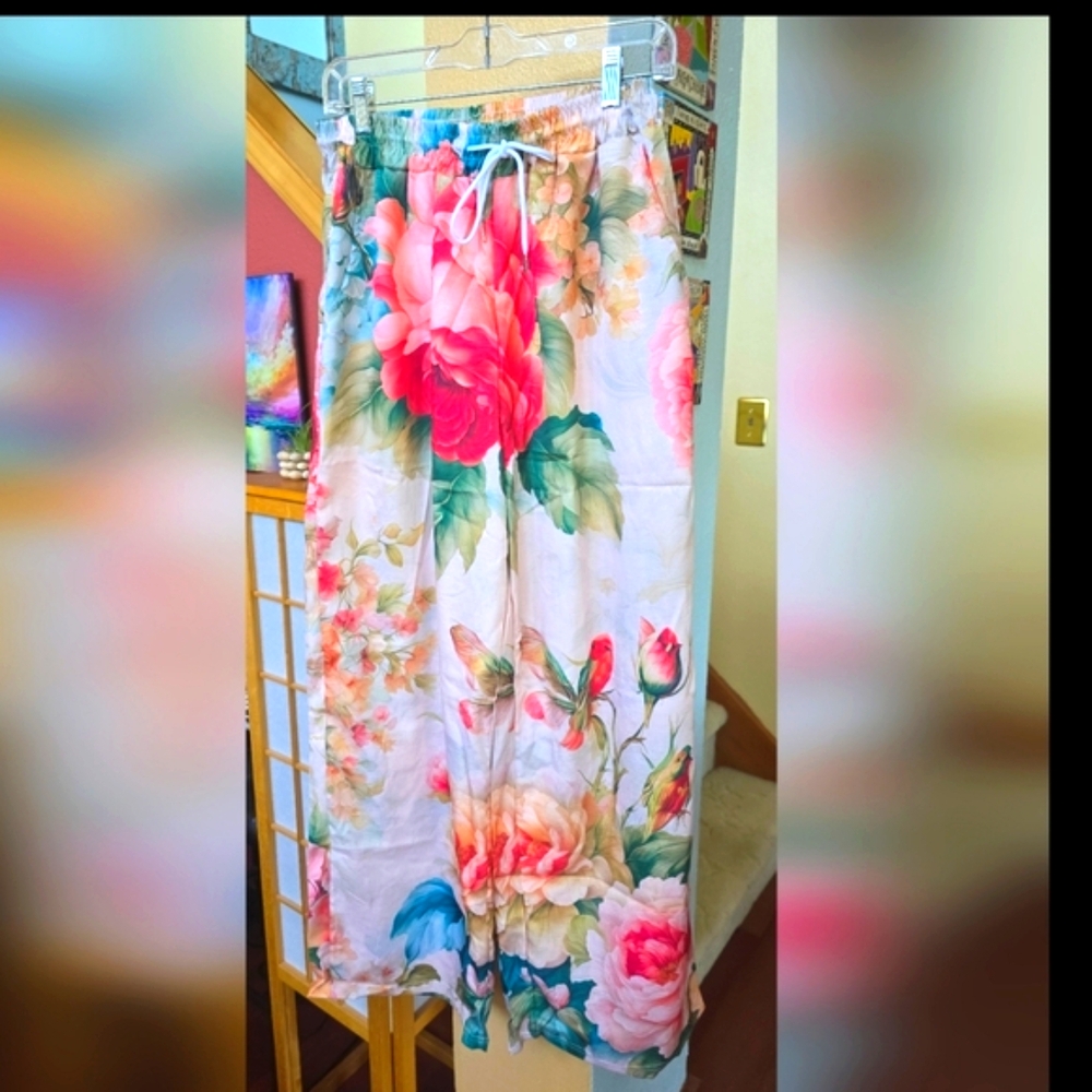 Italian Beautiful Floral Palazzo Pants Size L/10 - Picture 13 of 13